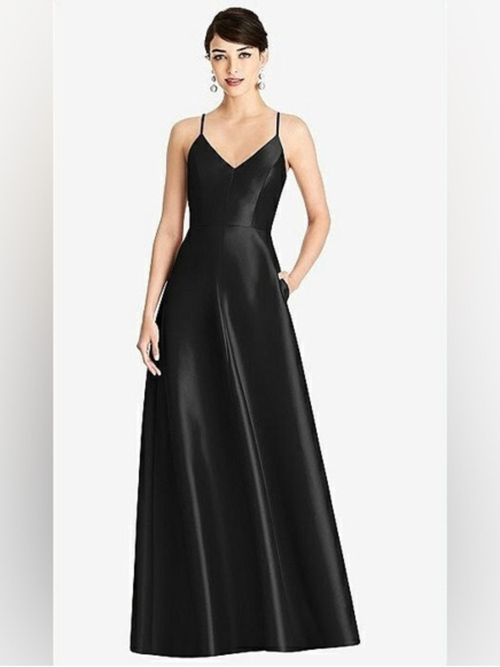 NWT ALFRED SUNG Black V-Neck Full Skirt Satin Dress Evening Gown Size 14